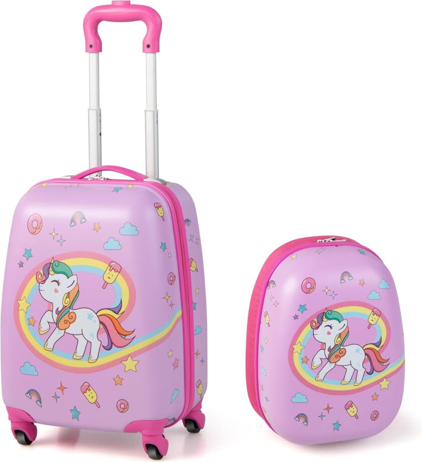 Kids Luggage, 12" Toddler Backpack & 16" Travel Suitcase with Wheels, Lightweight Toddler Girls Suitcase, Durable  Hardshell, 2s Carry On Luggage Set for Boys Girls(Pink Horse)