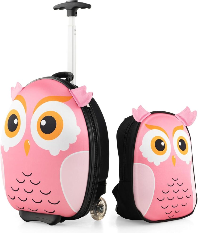 Kids Luggage, 12” Children Hardshell Backpack & 16” Toddler Travel Rolling Suitcase, 2 s Lightweight Carry On Luggage Set, Kids Luggage with Wheels for Girls & Boys(Pink Owl)