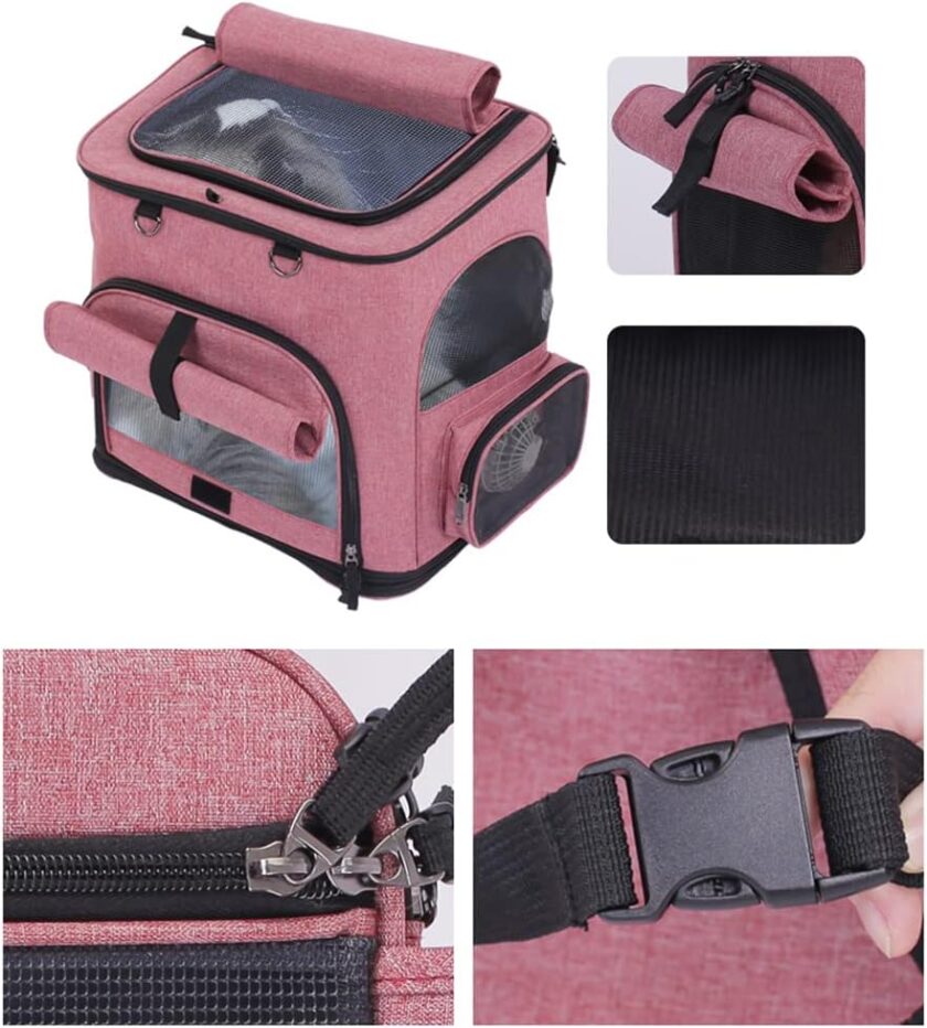 Cat Carrier Backpack with Wheels Puppy Carrying Bag with Breathable Mesh and Fan Collapsible Pet Cages on Rolling Trolley with Removable Base and Telescopic Handle for Small Pets Under 18lb - Image 2