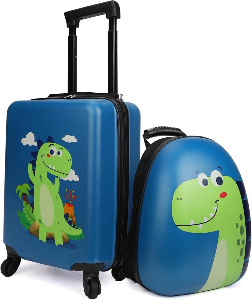 Dinosaur Kid's Luggage Set for Boys, 18" Hardside Kids Suitcase with Spinner Wheels, Toddler Carry on Luggage Travel Rolling Suitcase Airline Approved