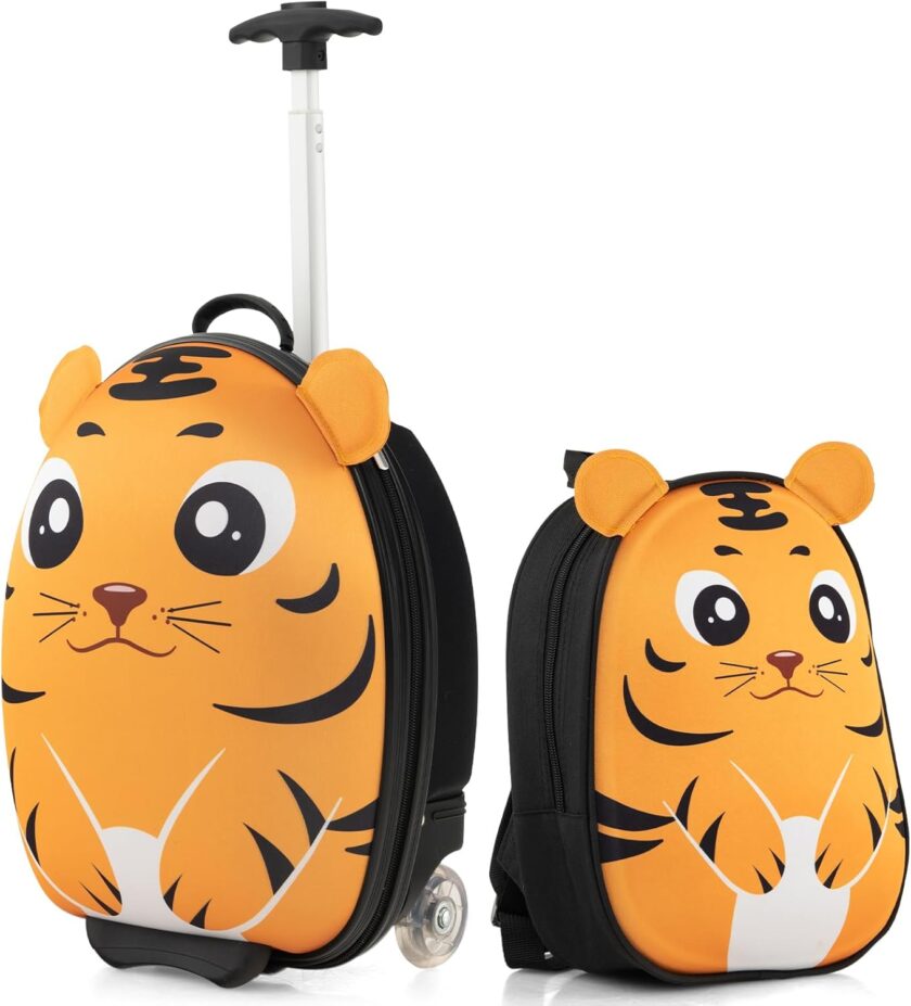 Kids Luggage, 12” Children Hardshell Backpack & 16” Toddler Travel Rolling Suitcase, 2 s Lightweight Carry On Luggage Set, Kids Luggage with Wheels for Girls & Boys(Orange Tiger)