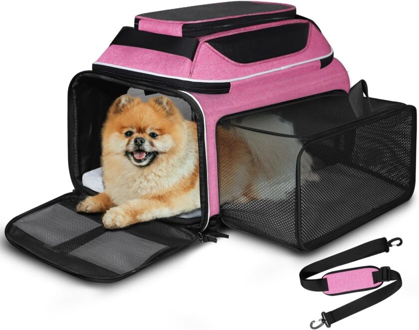 Top and Side Expandable Pet Carrier 17x11x9.5 Inches Alaska Airline Approved, Soft-Sided Carrier for Small Cats and Dogs with Locking Safety Zippers and Anti-Scratch Mesh(Pink)
