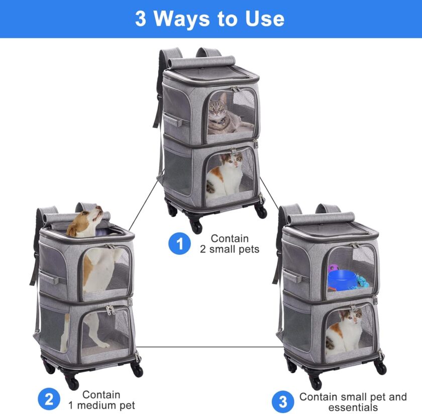 Double Pet Carrier Backpack with Wheels for Small Cats and Dogs, Rolling Cat Travel Carrier, Super Ventilated Design, Ideal for Traveling/Hiking/Camping, Grey - Image 2