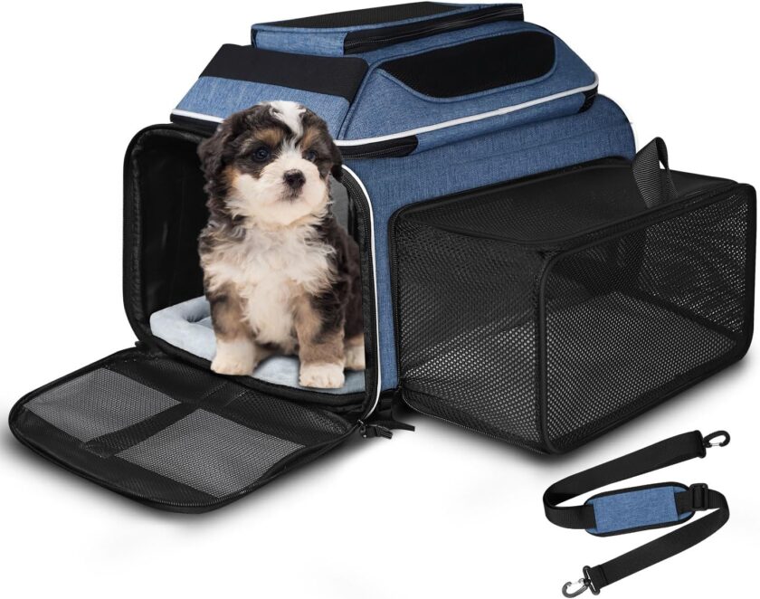 Top and Side Expandable Pet Carrier 18x11x11 Inches Delta United Airline Approved, Soft-Sided Carrier for Small Cats and Dogs with Locking Safety Zippers and Anti-Scratch Mesh(Blue)