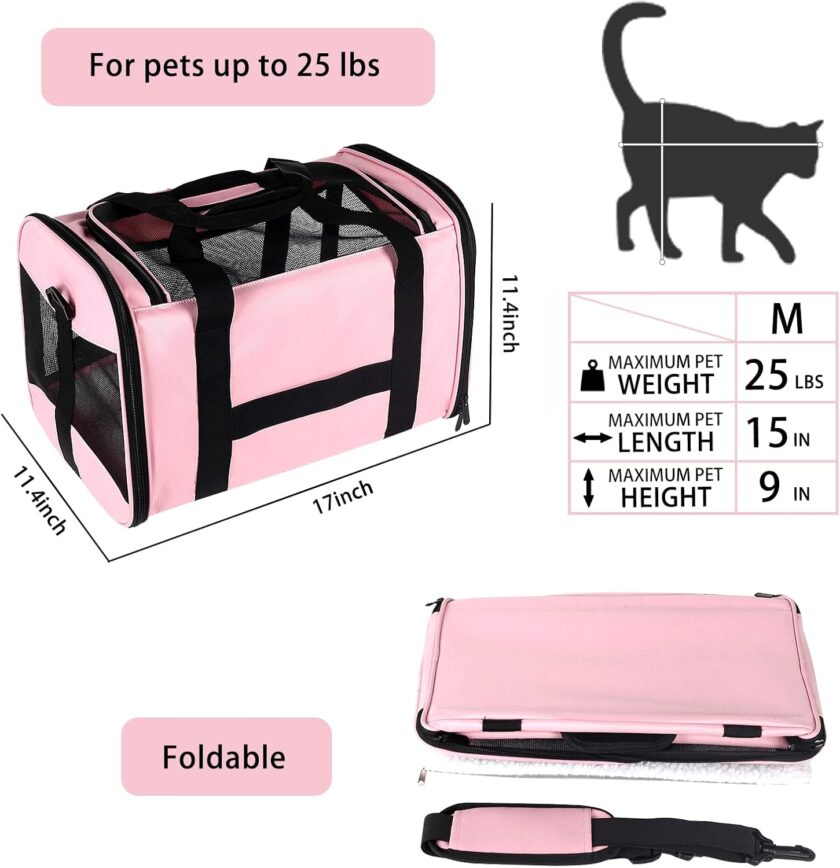 Cat Carrying Case - Pet Carrier Airline Approved, Protable and Breathable Pet Travel Carrier Removable Fleece Pad, Collapsible Cat Carrier Dog Carrier for Medium Cats Small Cats Dogs (Medium, Pink) - Image 2