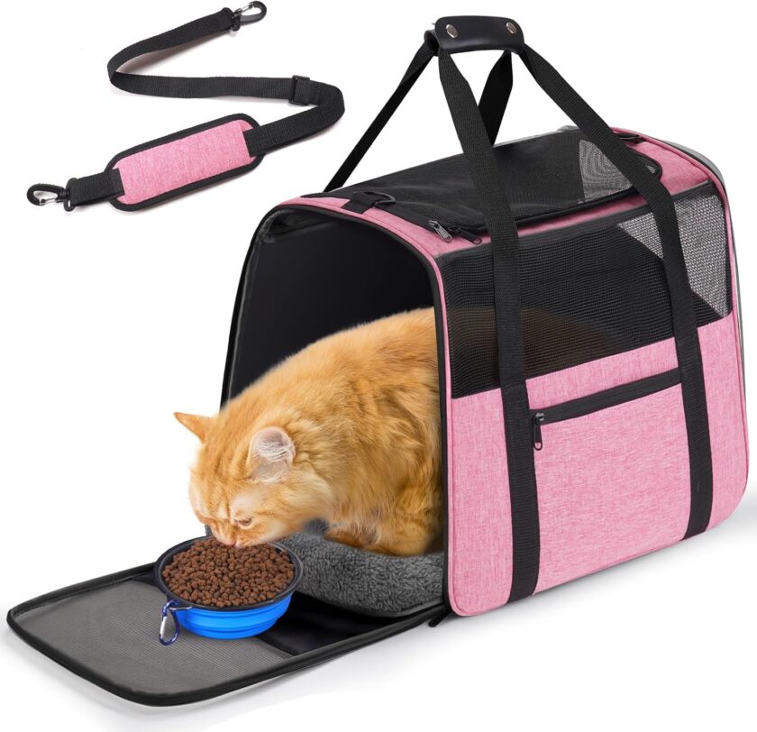 Large Cat Carrier – Soft-Sided Airline-Approved Pet Carrier Bag with Top Opening, Portable Travel Carrier for Big Cats & Dogs Up to 20lbs – Safety Zippers, Collapsible Bowl,Pink