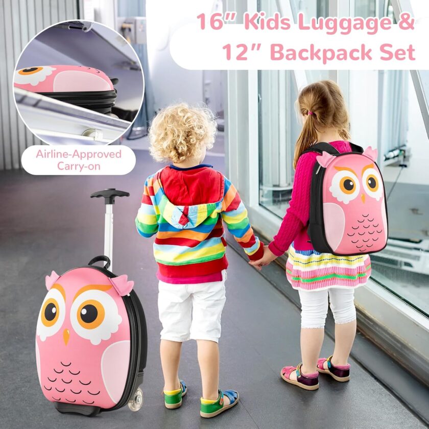 Kids Luggage, 12” Children Hardshell Backpack & 16” Toddler Travel Rolling Suitcase, 2 s Lightweight Carry On Luggage Set, Kids Luggage with Wheels for Girls & Boys(Pink Owl) - Image 2