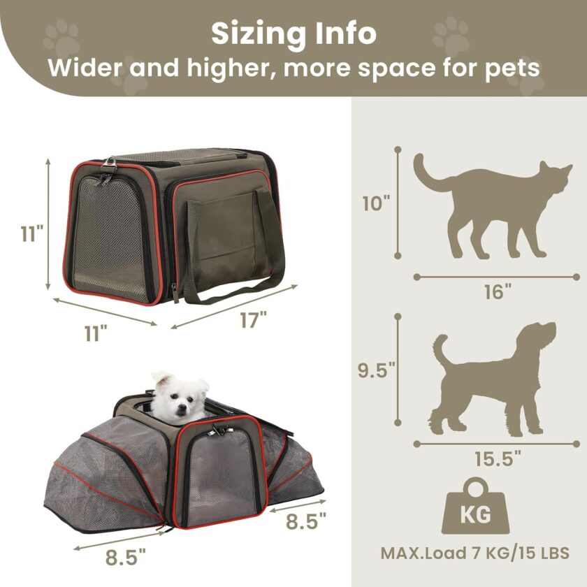 Airline Approved Expandable Large Cat Carrier Small Dog Carrier, 17" x 11" x 11" Collapsible Portable Soft-Sided Airplane Pet Carrier Bag with Two Extension, Fit for Outdoor Use - Image 2