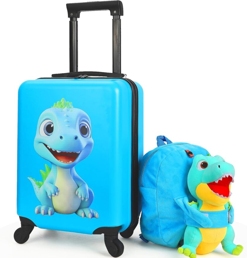 Kids Luggage With Wheels, 18" Hardside Dinosaur Toddler Suitcases with Backpack for Boys, Airline Approved Kids Carry on Rolling Travel Luggage Set Gifts for Children