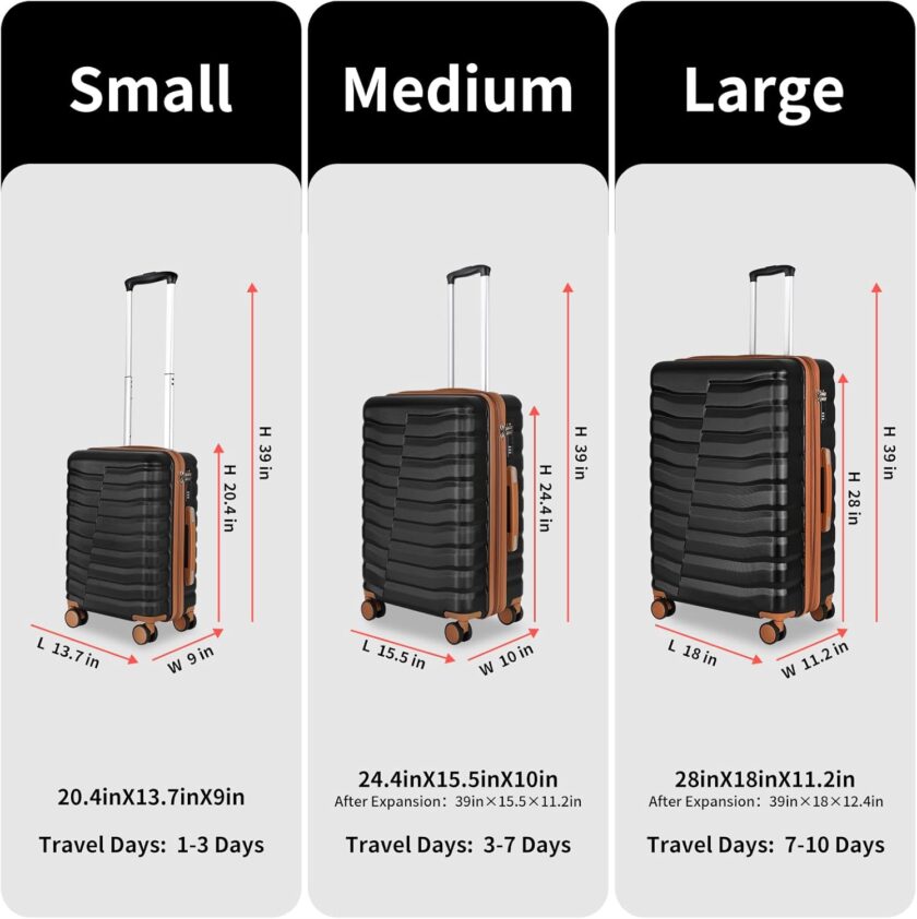 Lightweight Luggage with Spinner Wheels &  Zipper, 3-Piece Suitcase + Hardside Hard Shell Luggage Set with  Lock, Black & Brown (20+24+28 inch) - Image 2