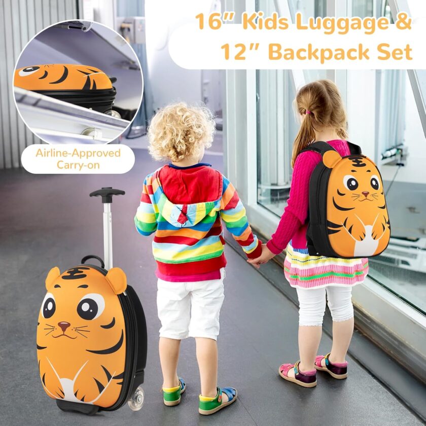 Kids Luggage, 12” Children Hardshell Backpack & 16” Toddler Travel Rolling Suitcase, 2 s Lightweight Carry On Luggage Set, Kids Luggage with Wheels for Girls & Boys(Orange Tiger) - Image 2