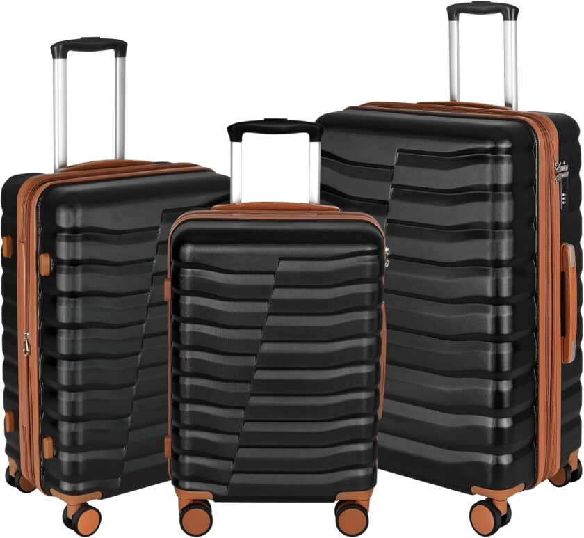 Lightweight Luggage with Spinner Wheels &  Zipper, 3-Piece Suitcase + Hardside Hard Shell Luggage Set with  Lock, Black & Brown (20+24+28 inch)