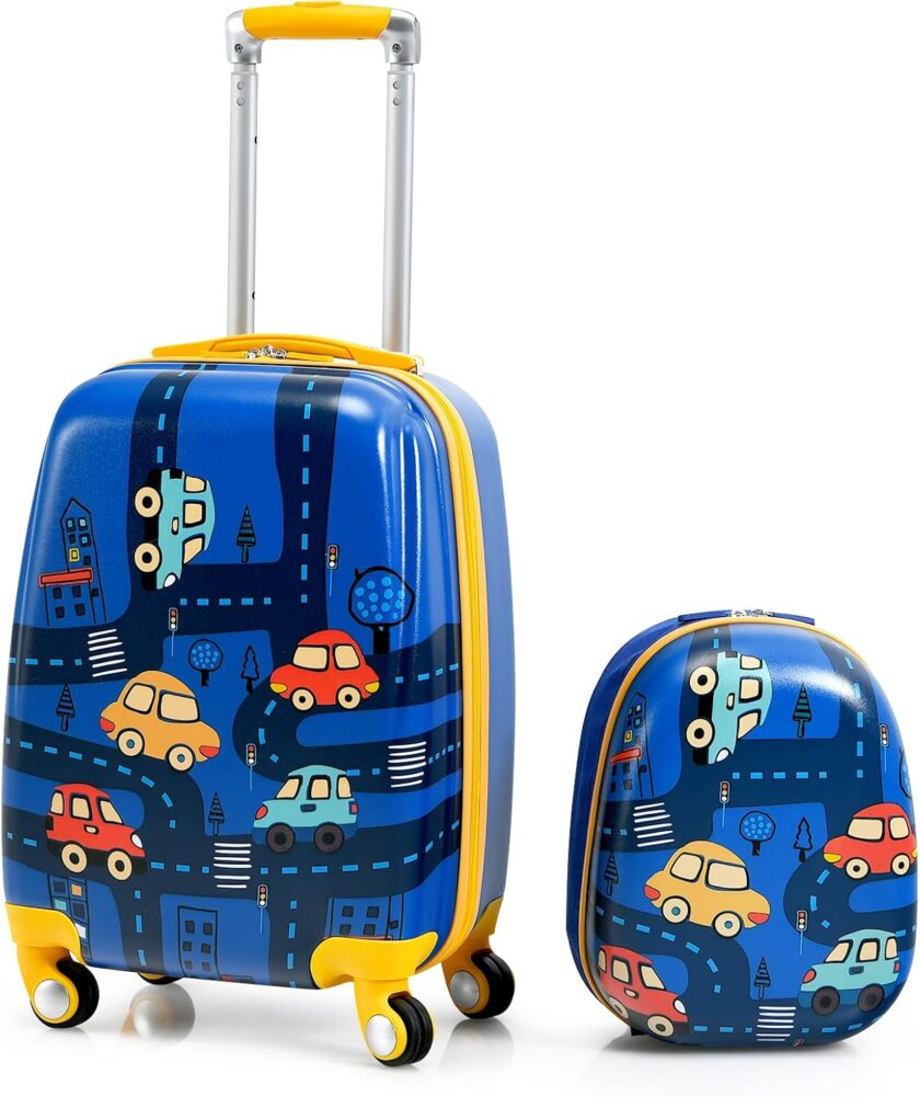 Kids Luggage, 12" Toddler Backpack & 18" Travel Suitcase with Wheels, Lightweight Toddler Suitcase, Durable  Hardshell, 2s Carry On Luggage Set for Boys Girls (Car)