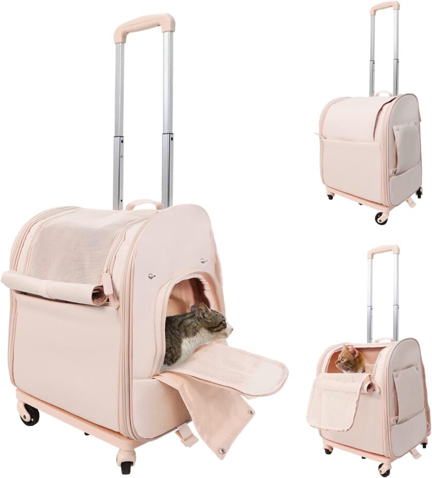 Pet Backpack Carrier with Wheels, Airline Approved Foldable Dog Travel Carrier for Small Cats Dogs Puppies, Pet Rolling Bag with Detachable Trolley, Telescopic Handle, Safety Strap, Light Pink