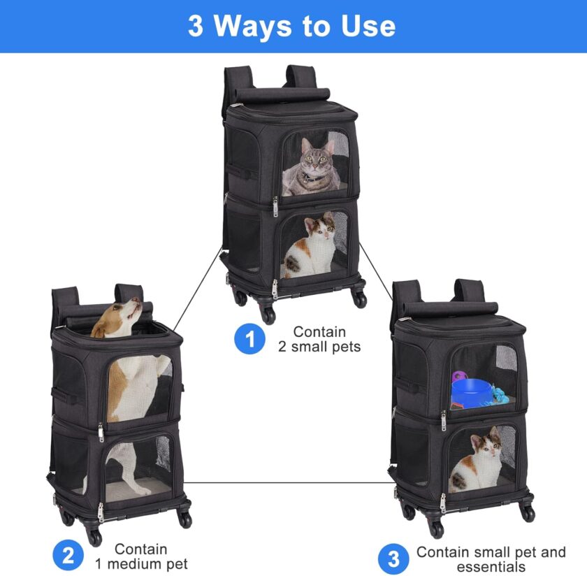 Double Pet Carrier Backpack with Wheels for Small Cats and Dogs, Rolling Cat Travel Carrier, Super Ventilated Design, Ideal for Traveling/Hiking/Camping, Black - Image 2