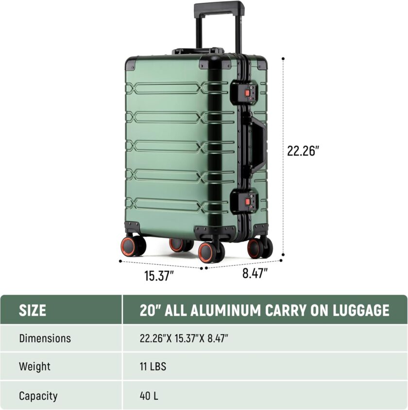 All Aluminum  Luggage 22x14x9 Airline Approved Hard Shell Suitcases with Spinner Wheels Zipperless Luggage 20 inch  Suitcase, Dark Green - Image 2
