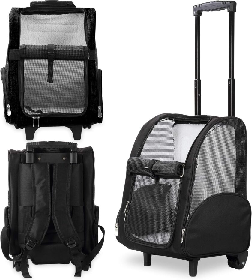 Deluxe Backpack Pet Travel Carrier with Double Wheels - Black - Approved by Most Airlines