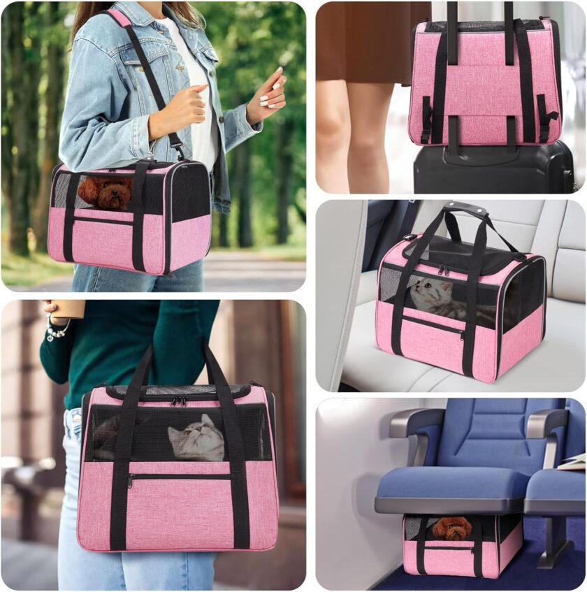 Large Cat Carrier – Soft-Sided Airline-Approved Pet Carrier Bag with Top Opening, Portable Travel Carrier for Big Cats & Dogs Up to 20lbs – Safety Zippers, Collapsible Bowl,Pink - Image 2