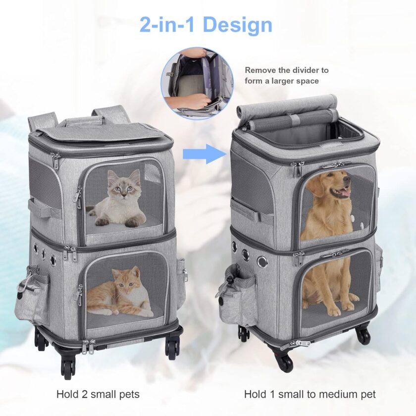 Extra Large Double-Compartment Pet Carrier Backpack with Wheels for Small Dogs and Cats, Cat Rolling Carrier for 2 Cats, Perfect for Traveling/Taking a Walk/Trips to The Vet, Grey - Image 2
