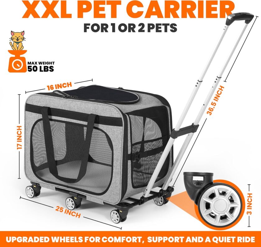 XL Cat & Small Dog Carrier | 25" L x 16" W x 17" H - up to 40 lbs - NOT  Compliant - Small Dogs or Large Cat Carrier with Wheels - Extending Handle, 360° Rotation Wheels & Extra Ventilation - Image 2