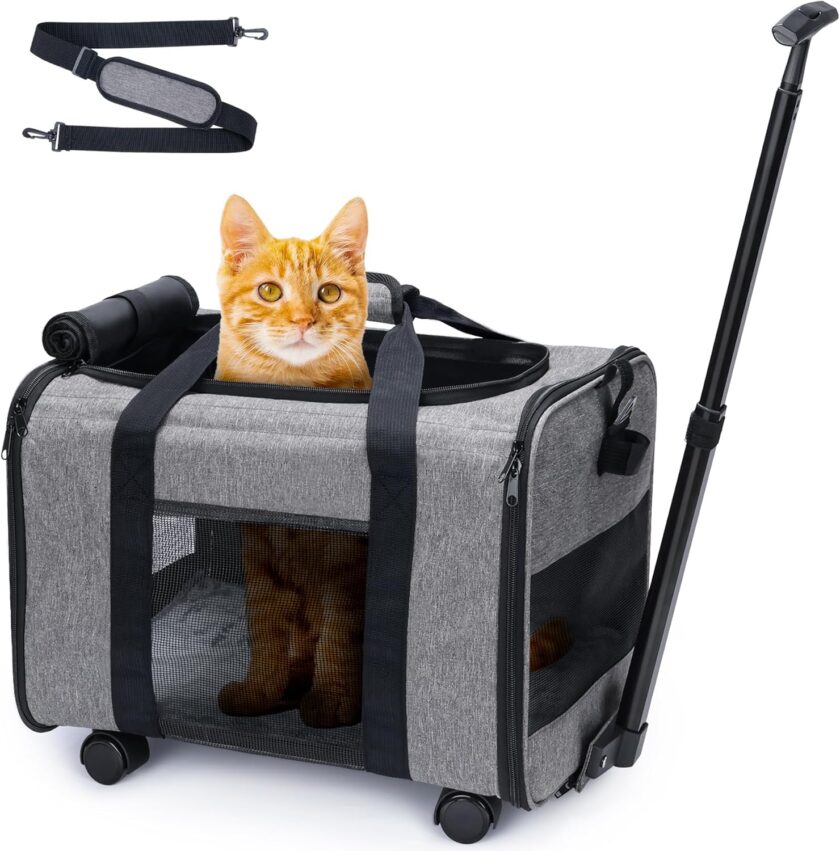Cat Dog Carrier with Wheels for Small Dogs, Soft Sided Pet Travel Carrier with Telescopic Handle and Shoulder Strap (Grey)