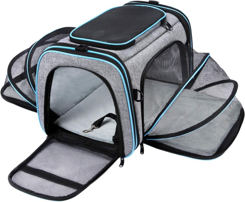 Airline Approved Pet Carrier, Large Soft Sided Pet Travel  Carrier 4 Sides Expandable Cat Collapsible Carriers with Removable Fleece Pad and Pockets for Cats Dogs and Small Animals