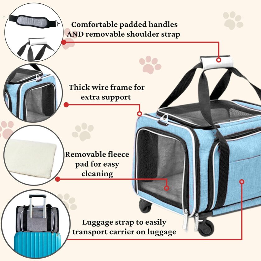 Airline Approved Expandable Premium Pet Carrier on Wheels- Two Sided Expandable Rolling Carrier- Designed for Dogs & Cats- Extra Spacious Soft Lined Carrier! - Light Blue - Image 2