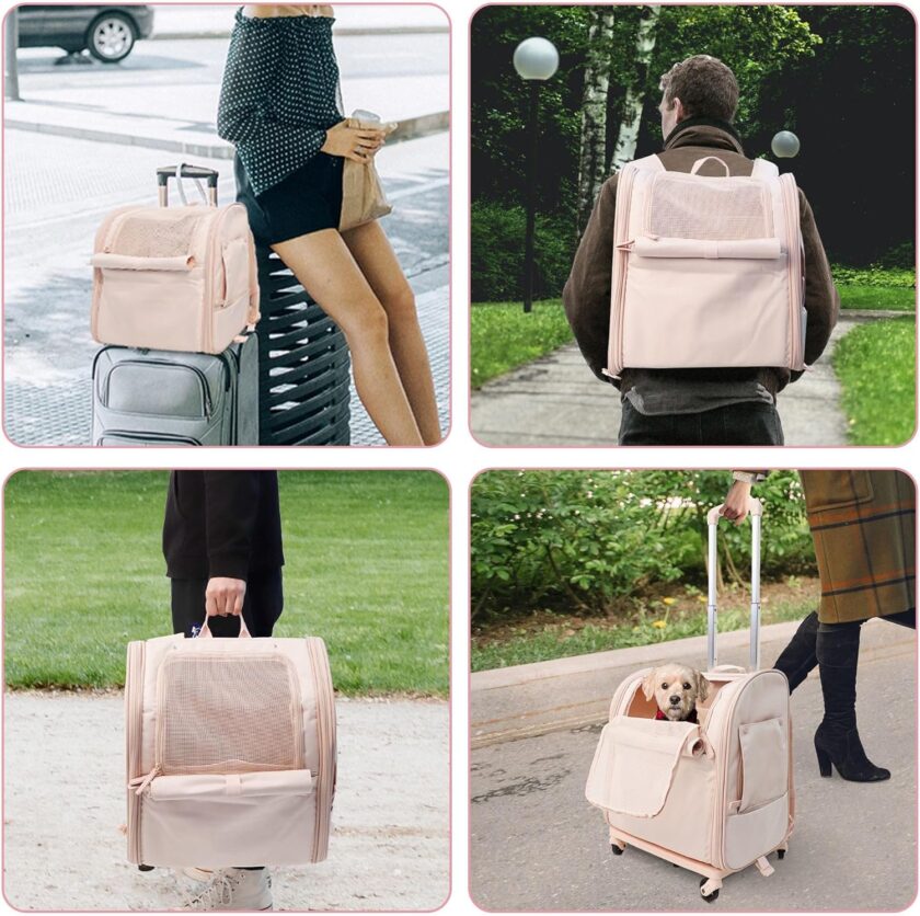 Pet Backpack Carrier with Wheels, Airline Approved Foldable Dog Travel Carrier for Small Cats Dogs Puppies, Pet Rolling Bag with Detachable Trolley, Telescopic Handle, Safety Strap, Light Pink - Image 2