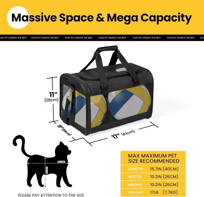 Cat Carrier Airline Approved, Soft-Sided Dog Carrier with Inner Safety Leash, Pet Transport Carrier for Small-Medium Cats Puppies up to 15 Lbs, Collapsible Travel Kitten Carrier Bag -BlackM - Image 2