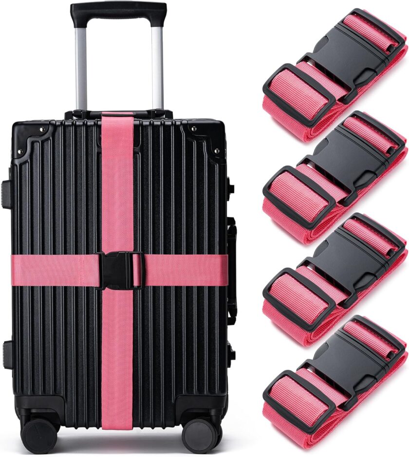 Luggage Straps for Suitcases 4 Pack,  Approved Travel Essentials, Luggage Strap for Travel Suitcase & Bag Closure and for Easy Identification, Travel Accessories for Safety & Convenience (Rose Red)