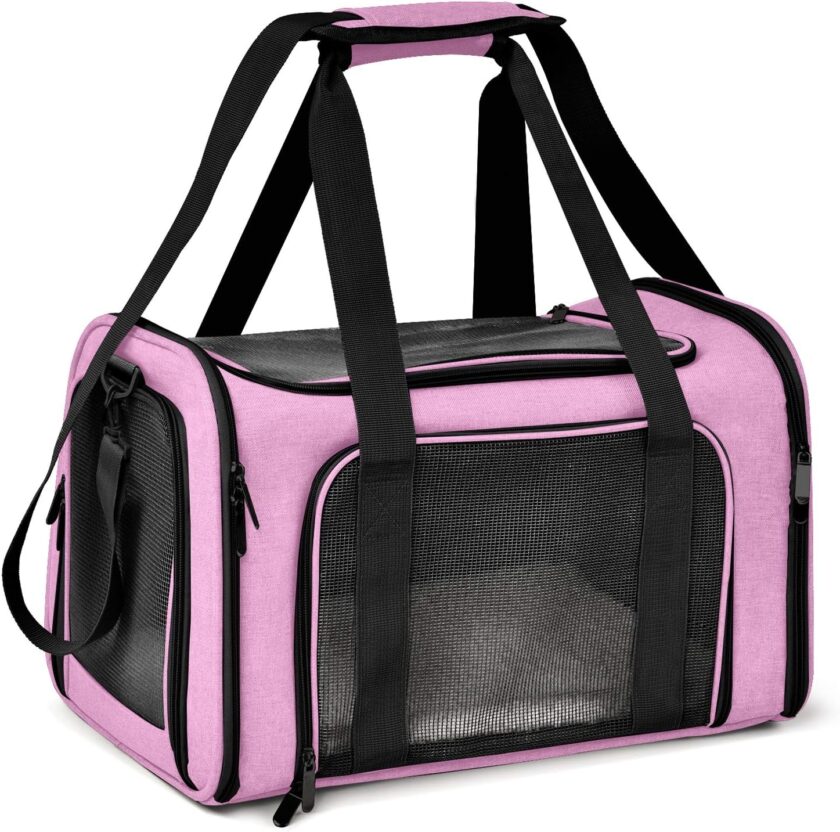 Pet Carrier for Small Medium Cats Dogs Puppies up to 15 Lbs,  Airline Approved, Soft Sided, Collapsible Travel - Pink
