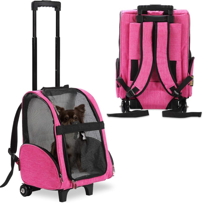 Deluxe Backpack Pet Travel Carrier with Double Wheels for Pets up to 10 Pounds - Black - Approved by Most Airlines