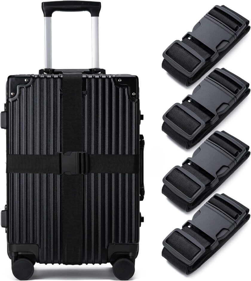 Luggage Straps for Suitcases 4 Pack,  Approved Travel Essentials, Luggage Strap for Travel Suitcase & Bag Closure and for Easy Identification, Travel Accessories for Safety & Convenience (Black)