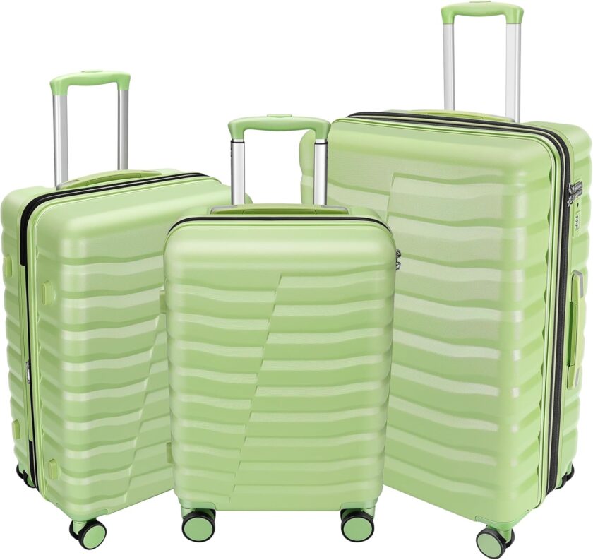 Lightweight Luggage with Spinner Wheels &  Zipper, 3-Piece Suitcase + Hardside Luggage Set with  Lock, Light Avocado Green (20+24+28 inch)