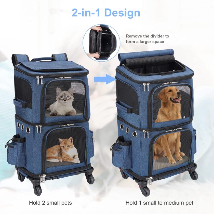 Double-Compartment Pet Carrier Backpack with Wheels for Small Cats and Dogs, Cat Rolling Carrier for 2 Cats, Perfect for Traveling/Taking a Walk/Trips to The Vet, Blue - Image 2