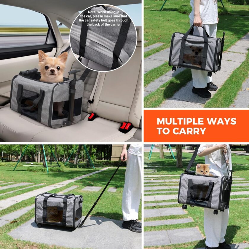 Cat Dog Carrier with Wheels for Small Dogs, Soft Sided Pet Travel Carrier with Telescopic Handle and Shoulder Strap (Grey) - Image 2