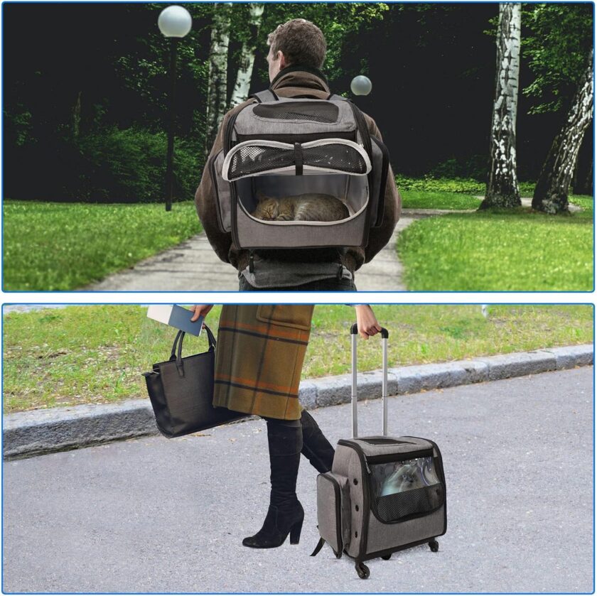 Airline Approved Pet Backpack with Wheels for Cats and Dogs, Dog Carrier Bag with Detachable Trolley, Telescopic Handle, Upgrade 4 Wheels, Safety Strap, Pet Travel Backpack Easy to Fold,Grey - Image 2